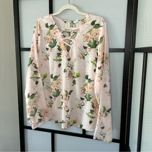 [xl] Ardene Baby Pink Belle Long Sleeve Floral Print Boho Style Ties